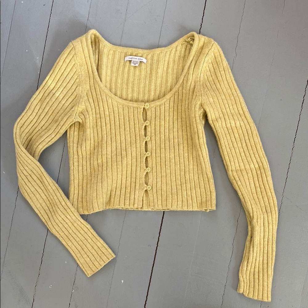 American Eagle Ribbed Button-Up Cropped Cardigan